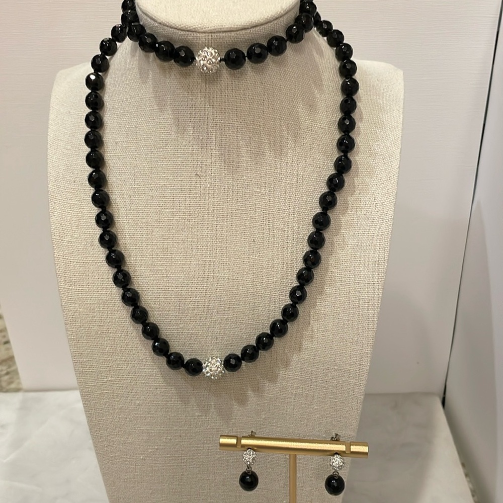 Onyx and CZ beaded necklace, bracket and earrings set.